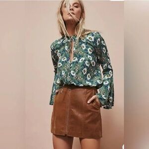 Free people green floral flared sleeve button down ruffle neck tunic